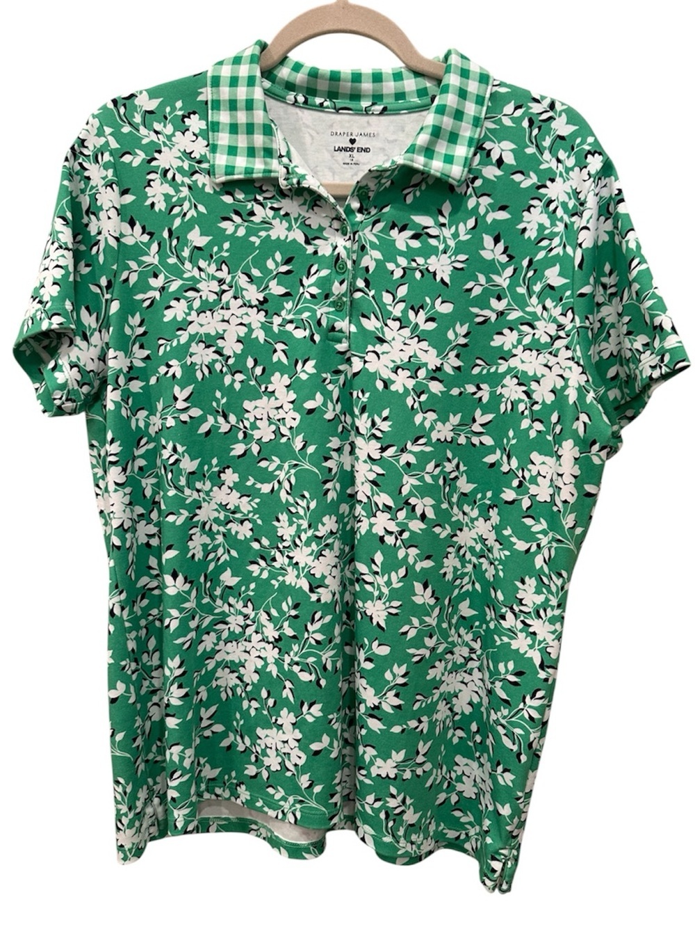 Draper James x Lands' End Green and White Floral Polo Preppy Summer Sz XL